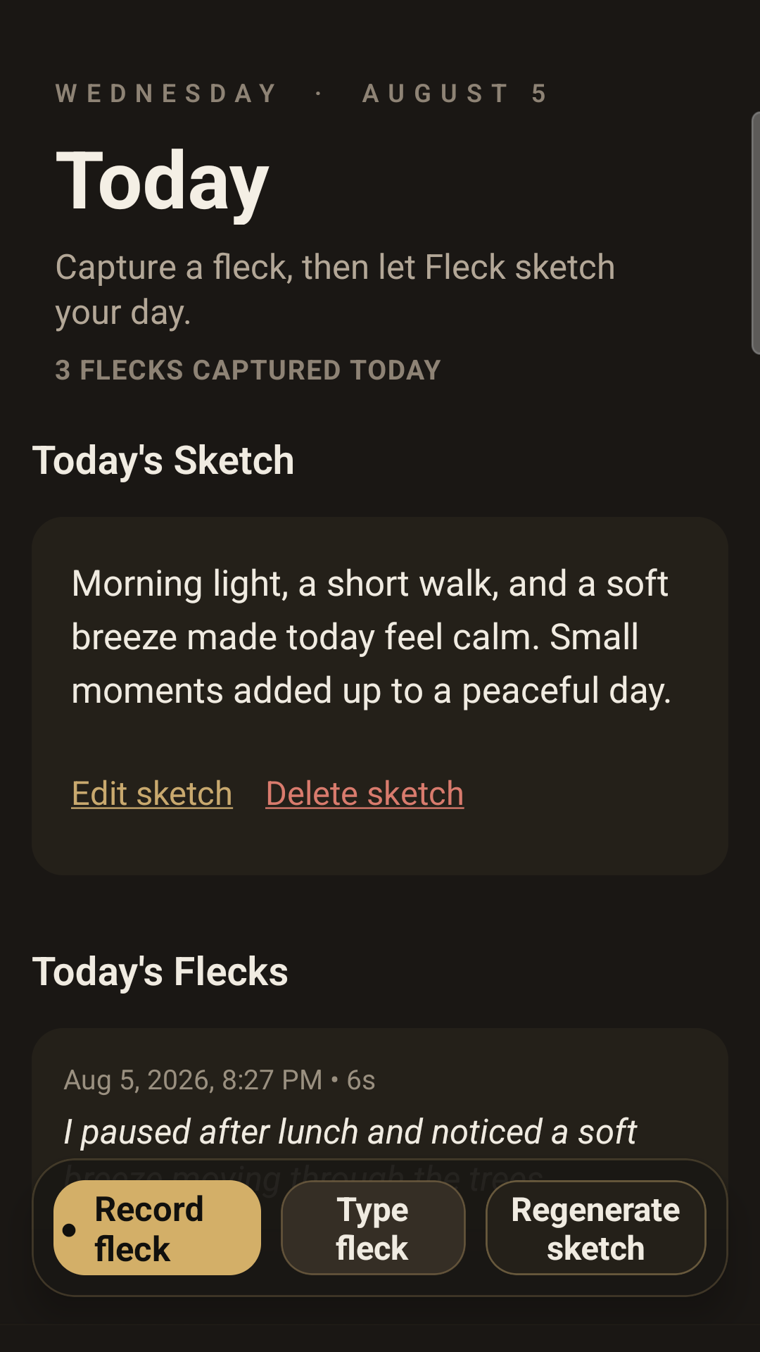 Fleck Today screen showing a synthetic daily sketch above the Leave a Fleck recording control
