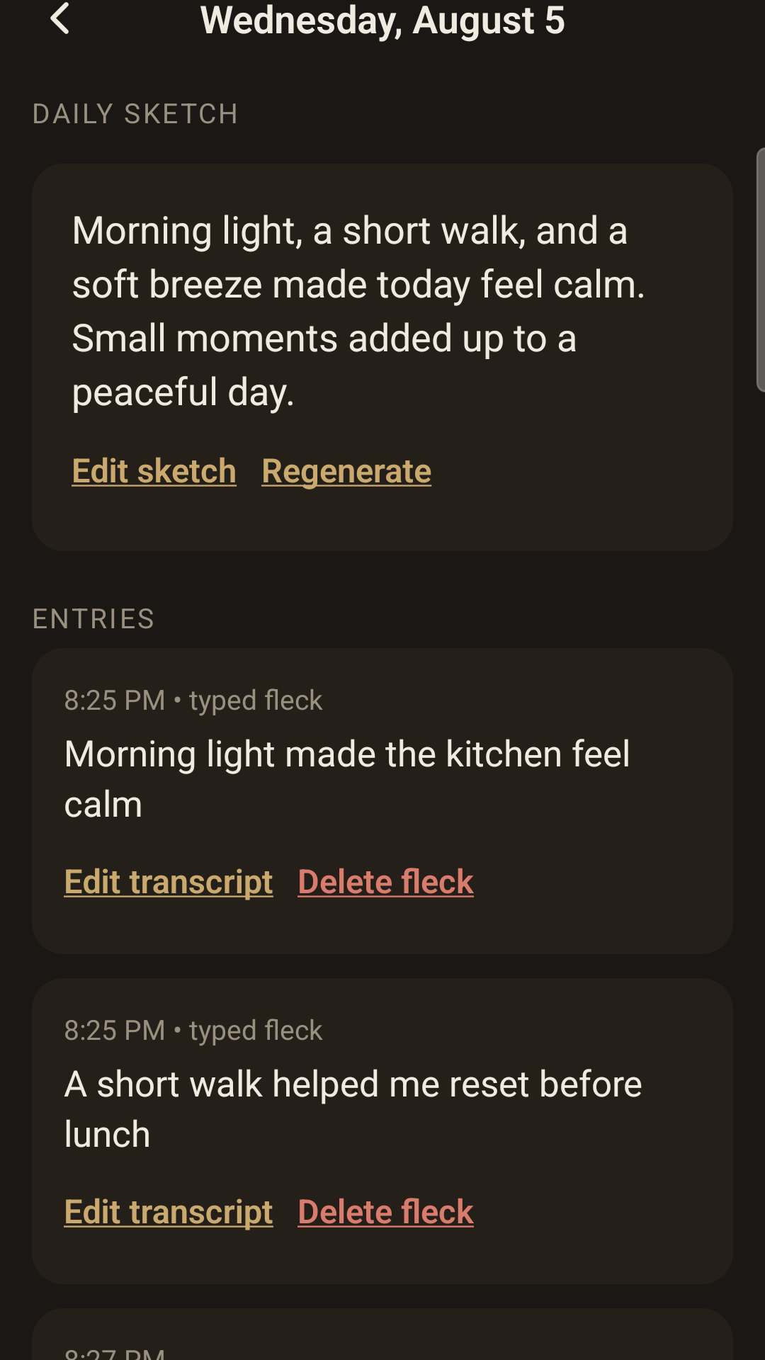 Fleck History screen showing a synthetic daily sketch and several entries